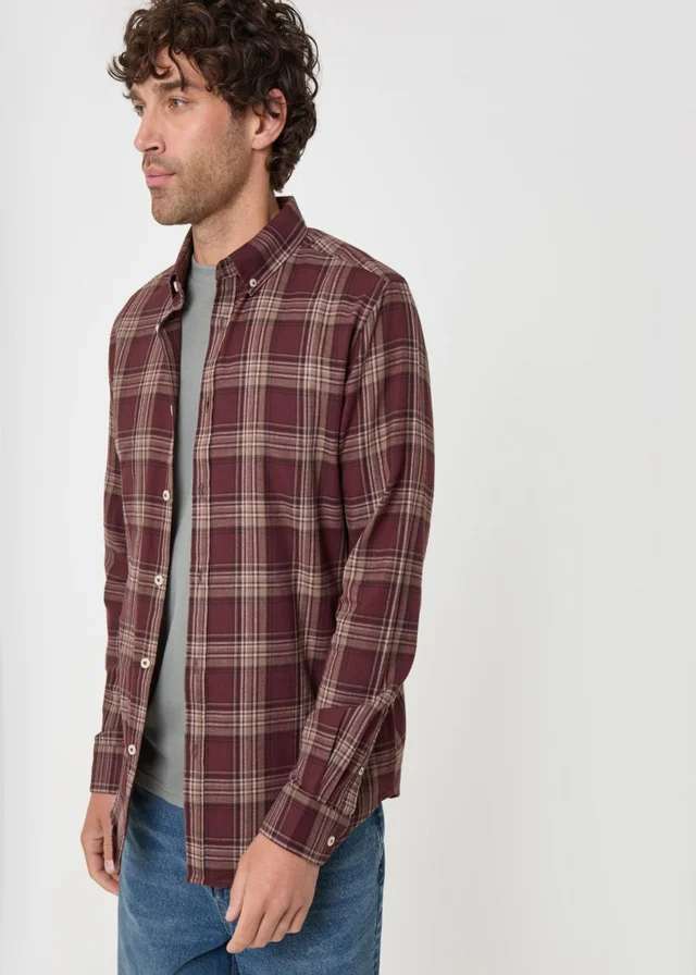 Threadbare Brushed Cotton Flannel Shirt in Burgundy Check