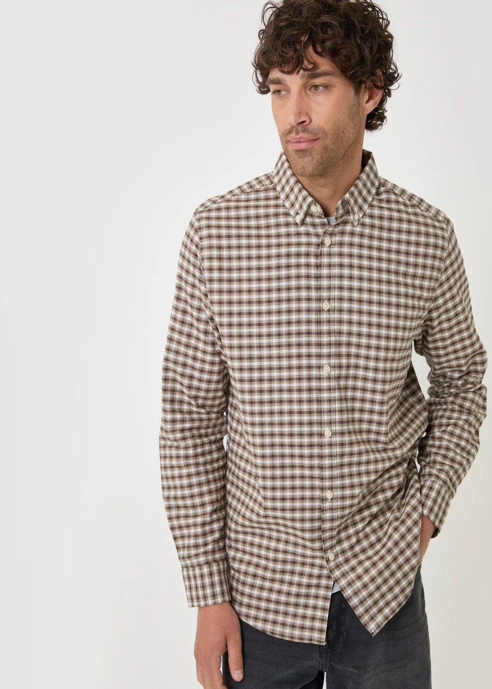 Threadbare Regular Fit Cotton Oxford Shirt in Tan Check - S Image 2