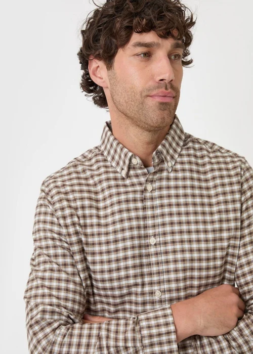 Threadbare Regular Fit Cotton Oxford Shirt in Tan Check - S Image 5