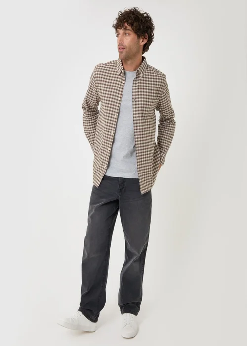 Threadbare Regular Fit Cotton Oxford Shirt in Tan Check - S Image 4