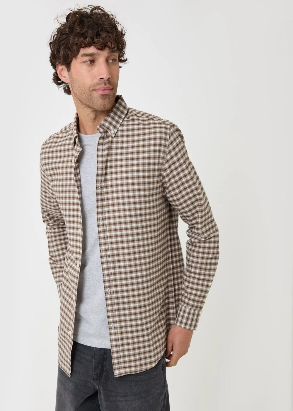 Threadbare Regular Fit Cotton Oxford Shirt in Tan Check - S Image 1