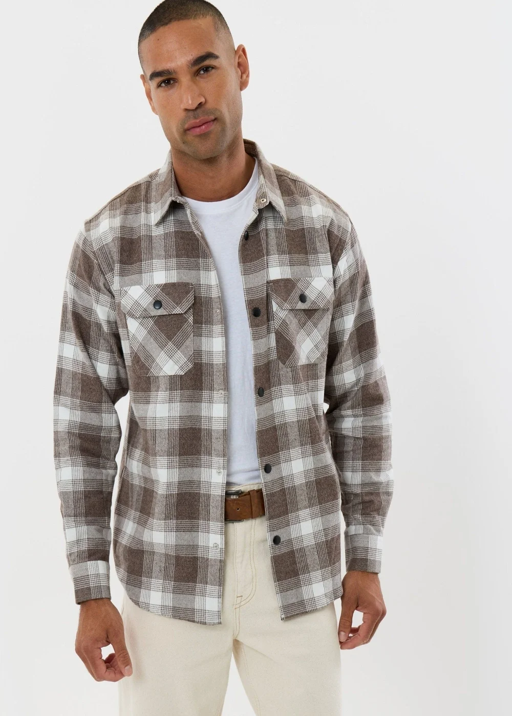 Threadbare Relaxed Fit Cotton Patch Pocket Shirt in Chocolate Brown Check - M Image 5