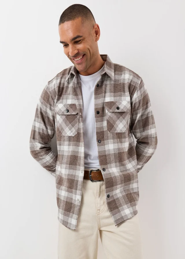 Threadbare Relaxed Fit Cotton Patch Pocket Shirt in Chocolate Brown Check