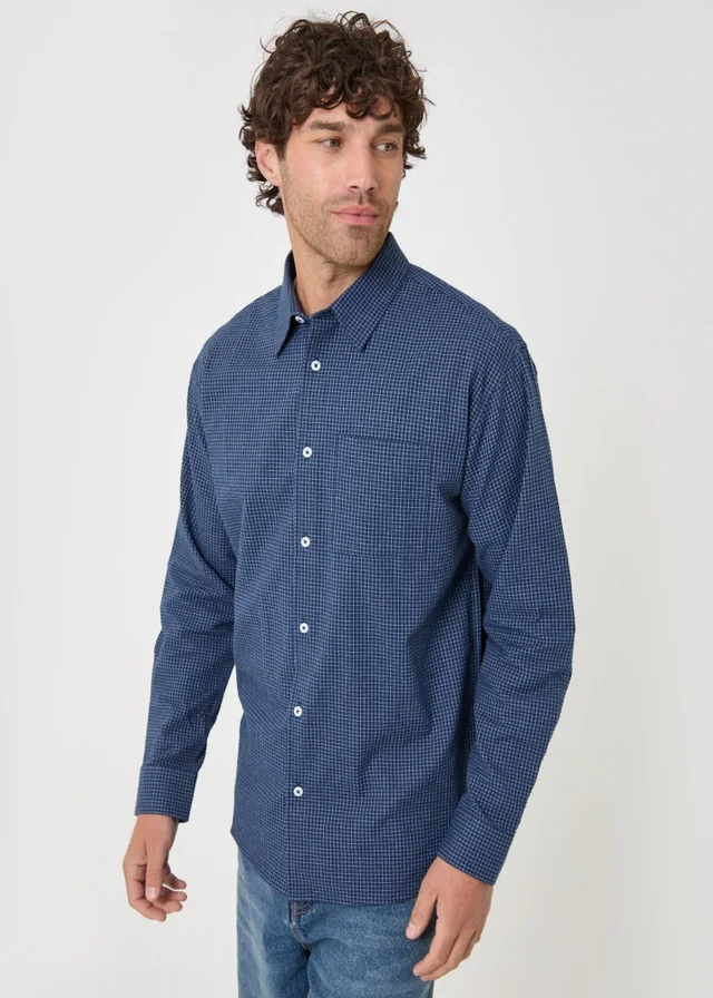 Threadbare Relaxed Fit Cotton Seersucker Shirt in Navy Check
