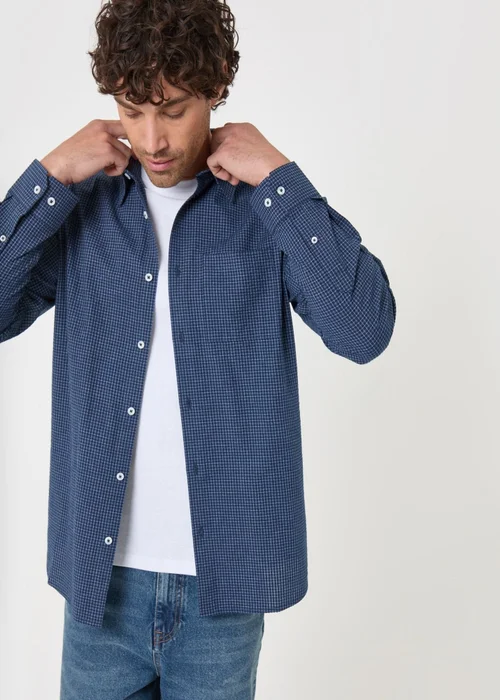 Threadbare Relaxed Fit Cotton Seersucker Shirt in Navy Check - L Image 1