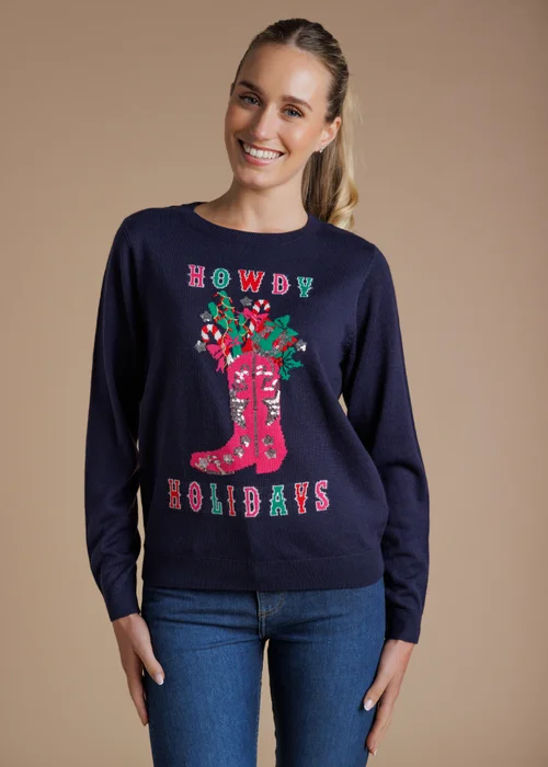 Tokyo Laundry Navy Howdy Holidays Embellished Christmas Jumper - 16 Image 1