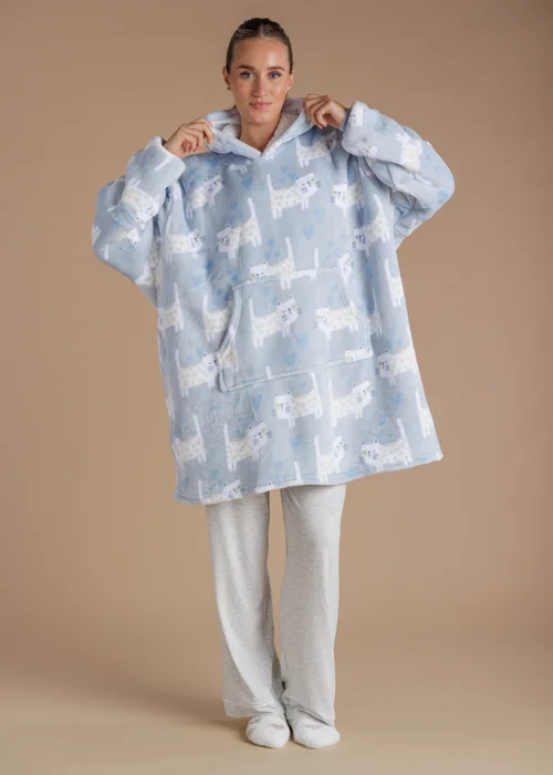Tokyo Laundry Light Blue Heart & Cat Print Sherpa Hooded Blanket - One Size Image 3