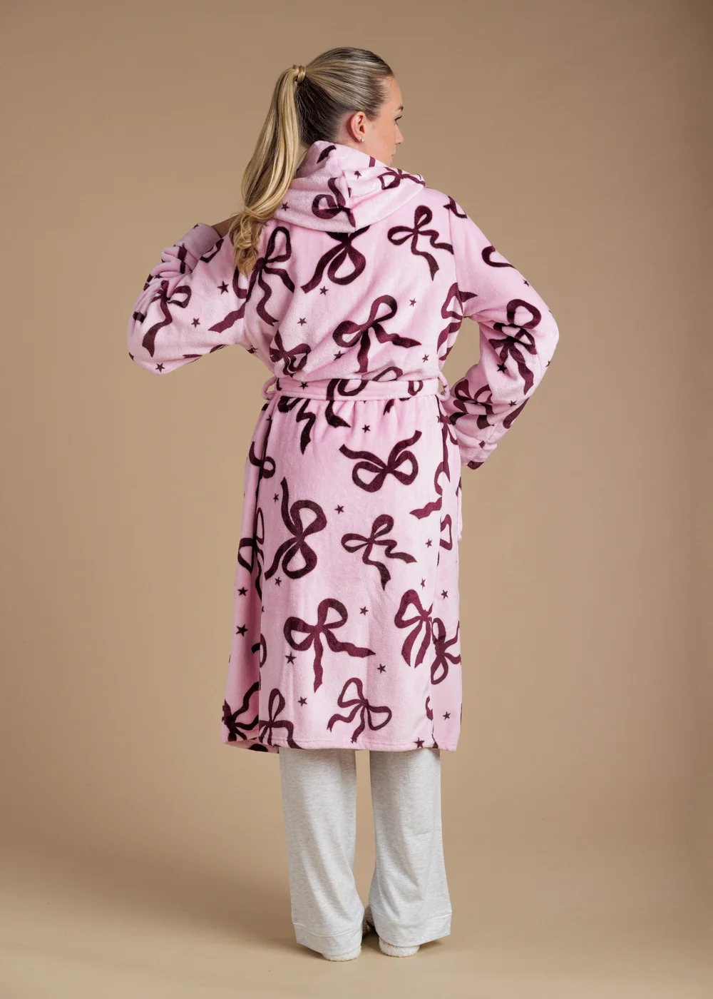 Tokyo Laundry Pink Bow Print Fluffy Hooded Dressing Gown - L Image 2