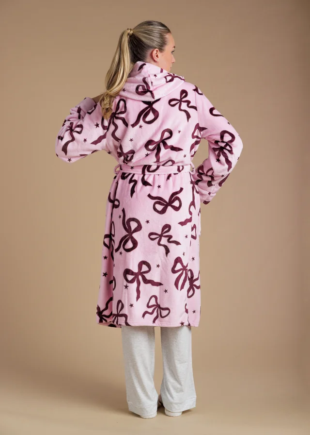 Tokyo Laundry Pink Bow Print Fluffy Hooded Dressing Gown