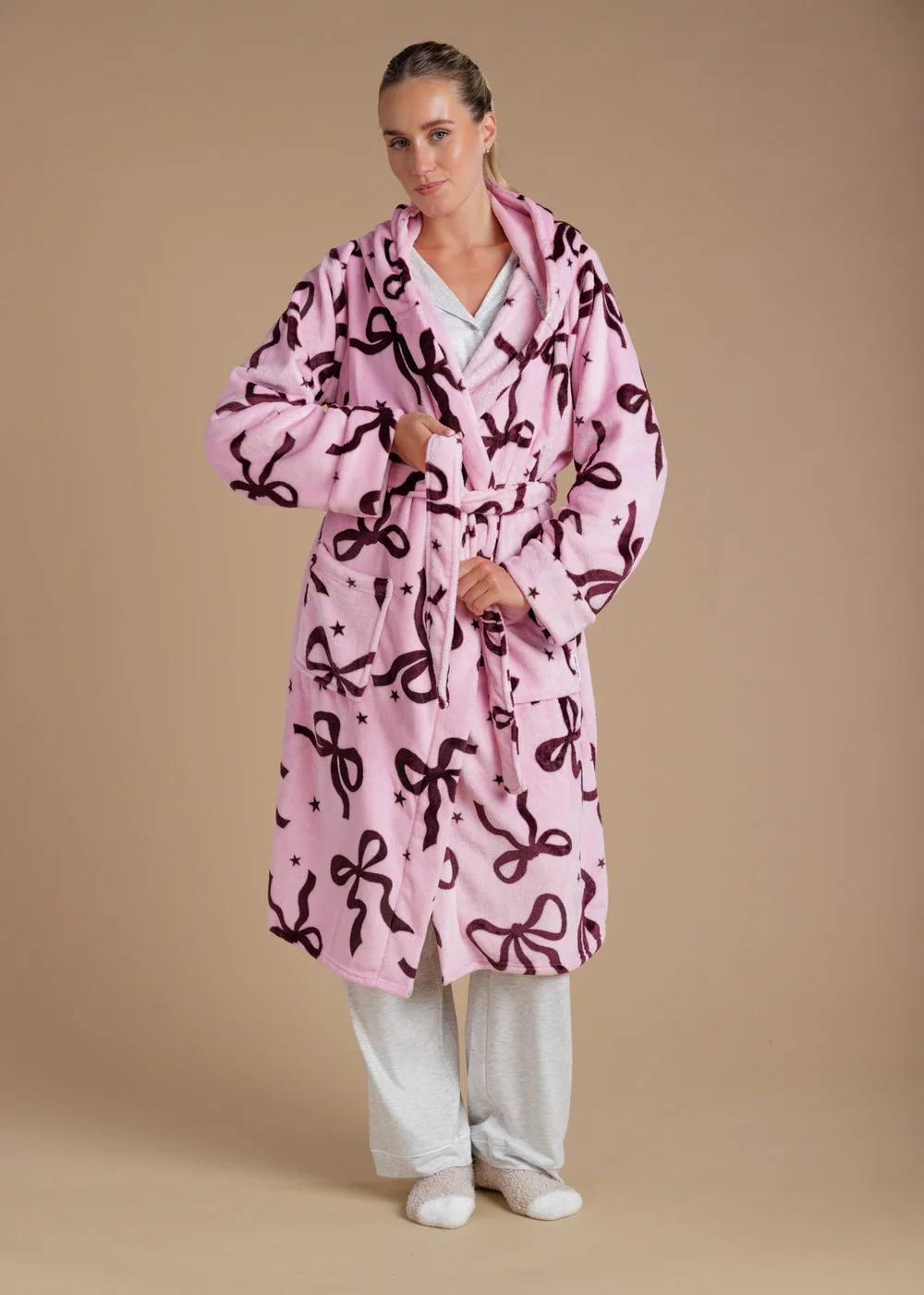 Tokyo Laundry Pink Bow Print Fluffy Hooded Dressing Gown - L Image 1