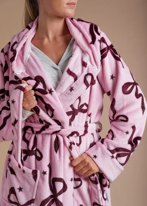 Tokyo Laundry Pink Bow Print Fluffy Hooded Dressing Gown - L Image 4