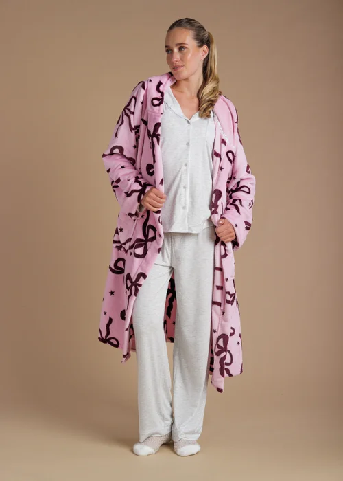 Tokyo Laundry Pink Bow Print Fluffy Hooded Dressing Gown - L Image 3