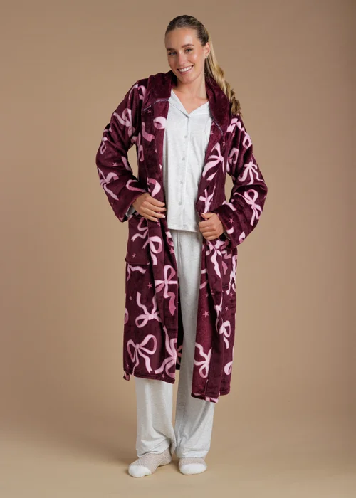 Tokyo Laundry Burgundy Bow Print Fluffy Hooded Dressing Gown - L Image 3