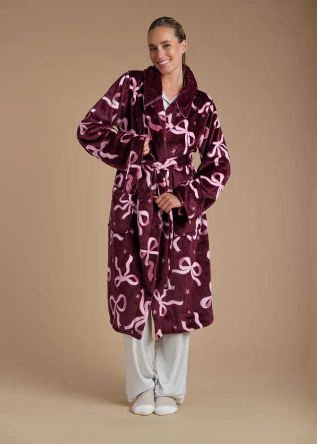 Tokyo Laundry Burgundy Bow Print Fluffy Hooded Dressing Gown