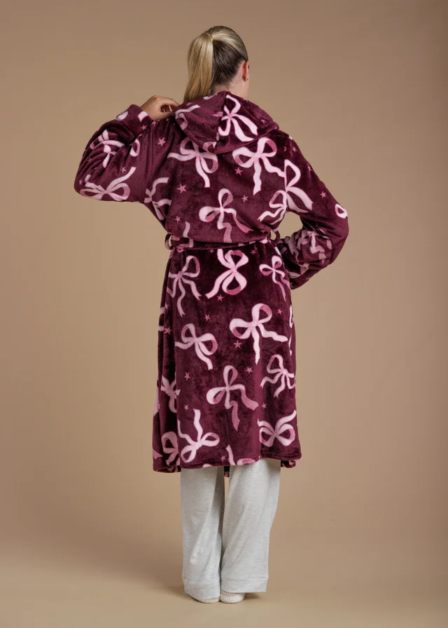 Tokyo Laundry Burgundy Bow Print Fluffy Hooded Dressing Gown