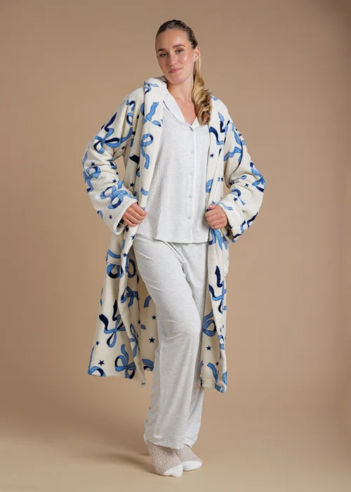 Tokyo Laundry Blue Bow Print Fluffy Hooded Dressing Gown - S Image 3