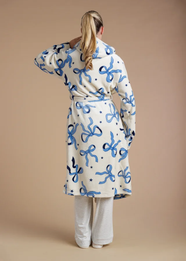 Tokyo Laundry Blue Bow Print Fluffy Hooded Dressing Gown