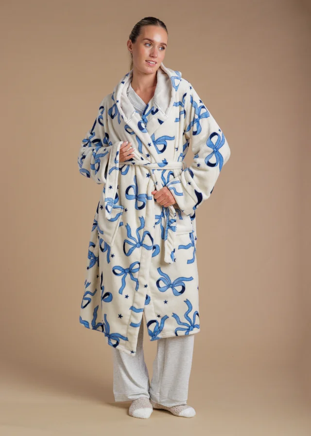 Tokyo Laundry Blue Bow Print Fluffy Hooded Dressing Gown