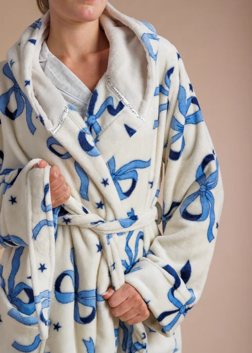 Tokyo Laundry Blue Bow Print Fluffy Hooded Dressing Gown - S Image 4