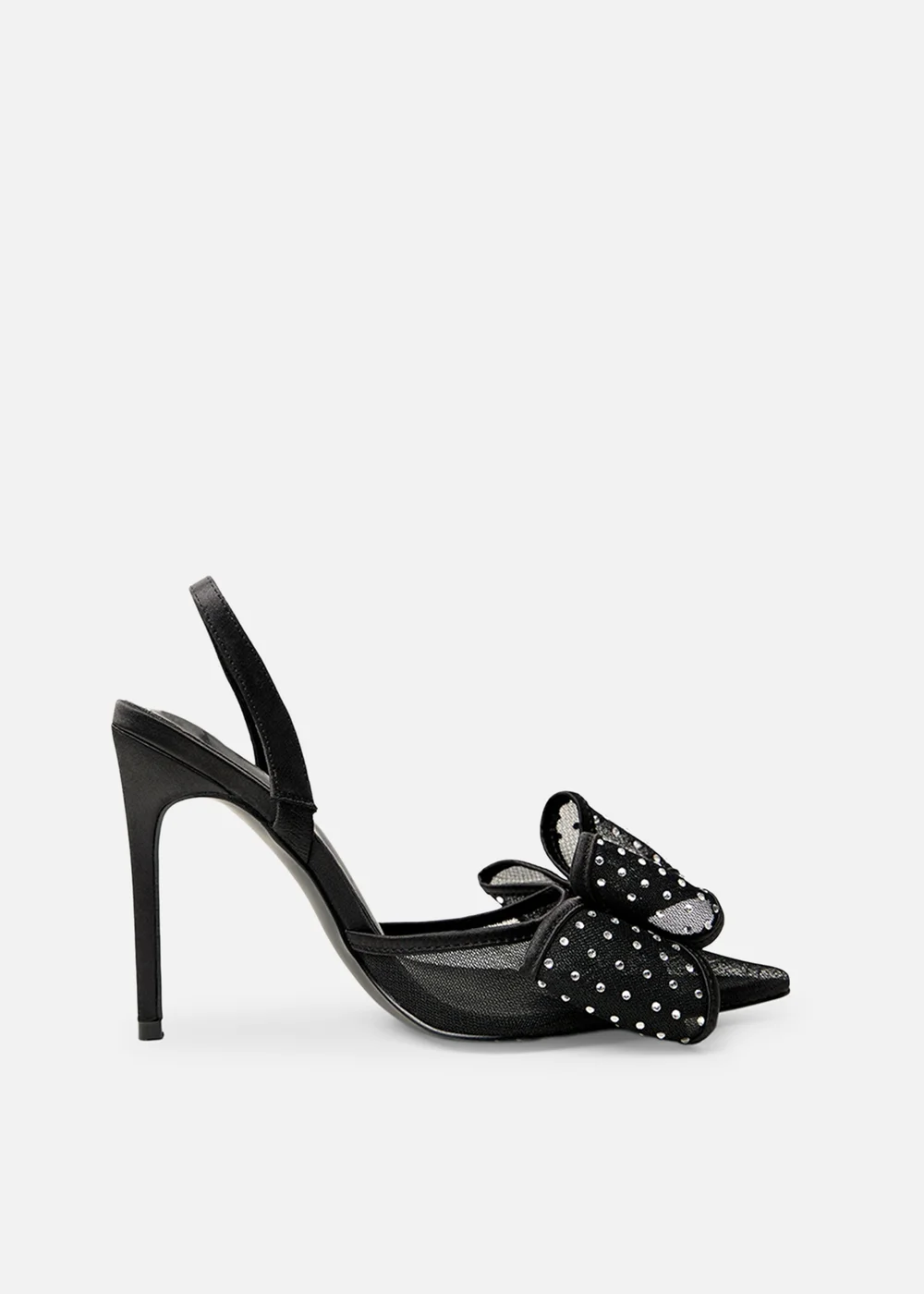 Public Desire Trisha Black Mesh Bow Diamante Detail Sling Back Court Heels - 4 Image 1
