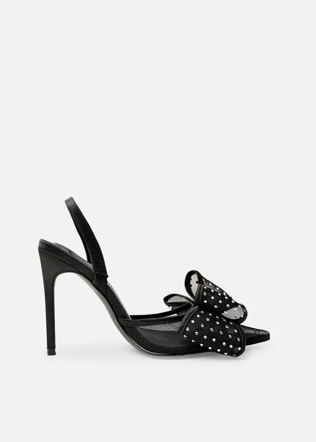 Public Desire Trisha Black Mesh Bow Diamante Detail Sling Back Court Heels