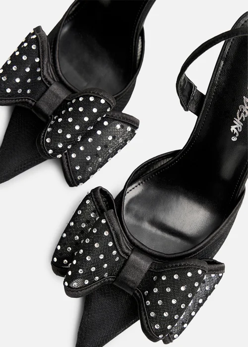 Public Desire Trisha Black Mesh Bow Diamante Detail Sling Back Court Heels - 4 Image 4