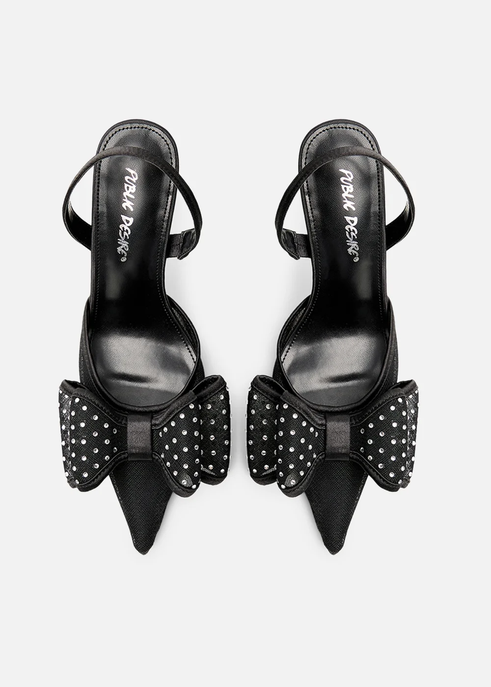 Public Desire Trisha Black Mesh Bow Diamante Detail Sling Back Court Heels - 4 Image 2