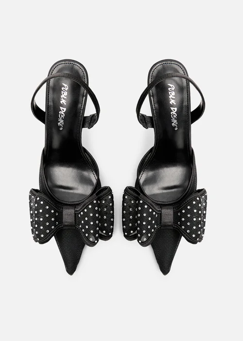 Public Desire Trisha Black Mesh Bow Diamante Detail Sling Back Court Heels - 4 Image 2