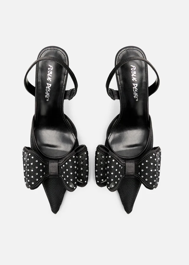 Public Desire Trisha Black Mesh Bow Diamante Detail Sling Back Court Heels