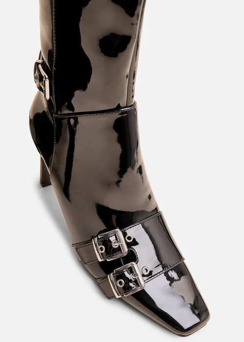 Public Desire Ines Black Patent Buckle Detail Knee High Heeled Boots - 3 Image 4