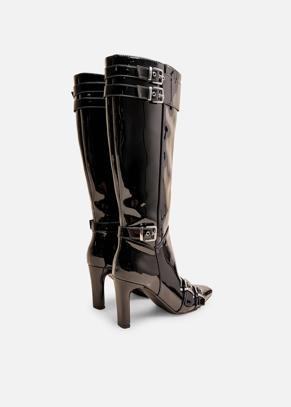 Public Desire Ines Black Patent Buckle Detail Knee High Heeled Boots - 3 Image 3