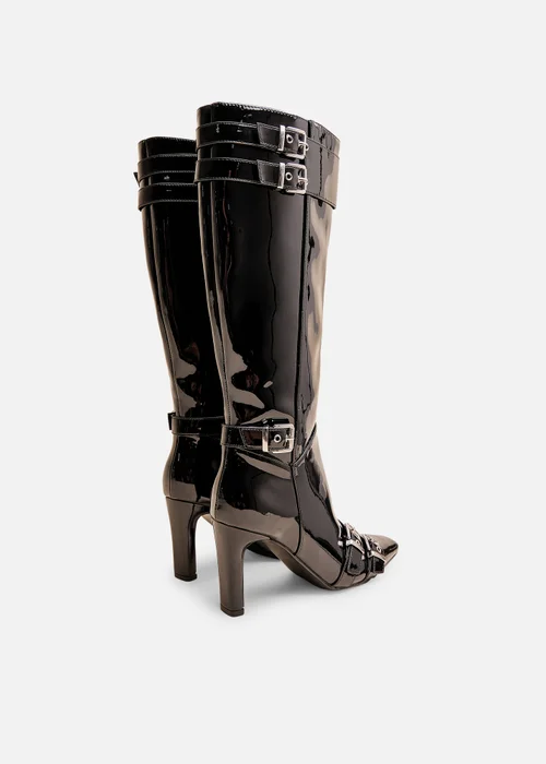 Public Desire Ines Black Patent Buckle Detail Knee High Heeled Boots - 3 Image 3