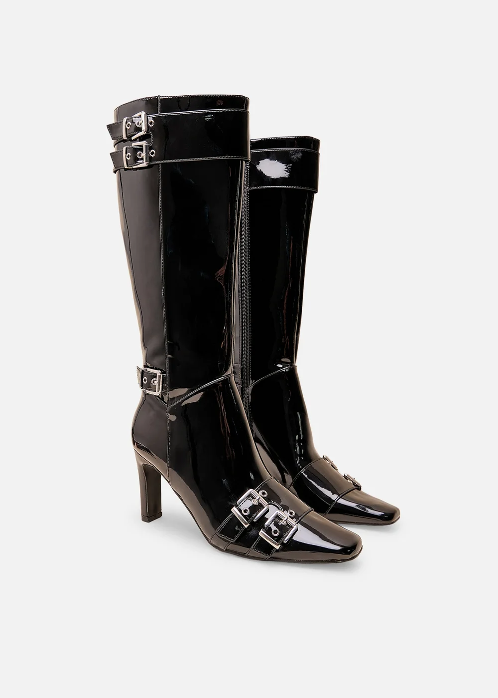Public Desire Ines Black Patent Buckle Detail Knee High Heeled Boots - 3 Image 2