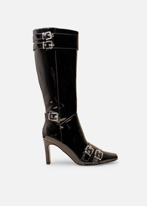 Public Desire Ines Black Patent Buckle Detail Knee High Heeled Boots - 3 Image 1