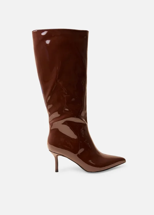 Public Desire Amped Chocolate Patent Pointed Toe Mid Heel Knee High Boots - 7 Image 1