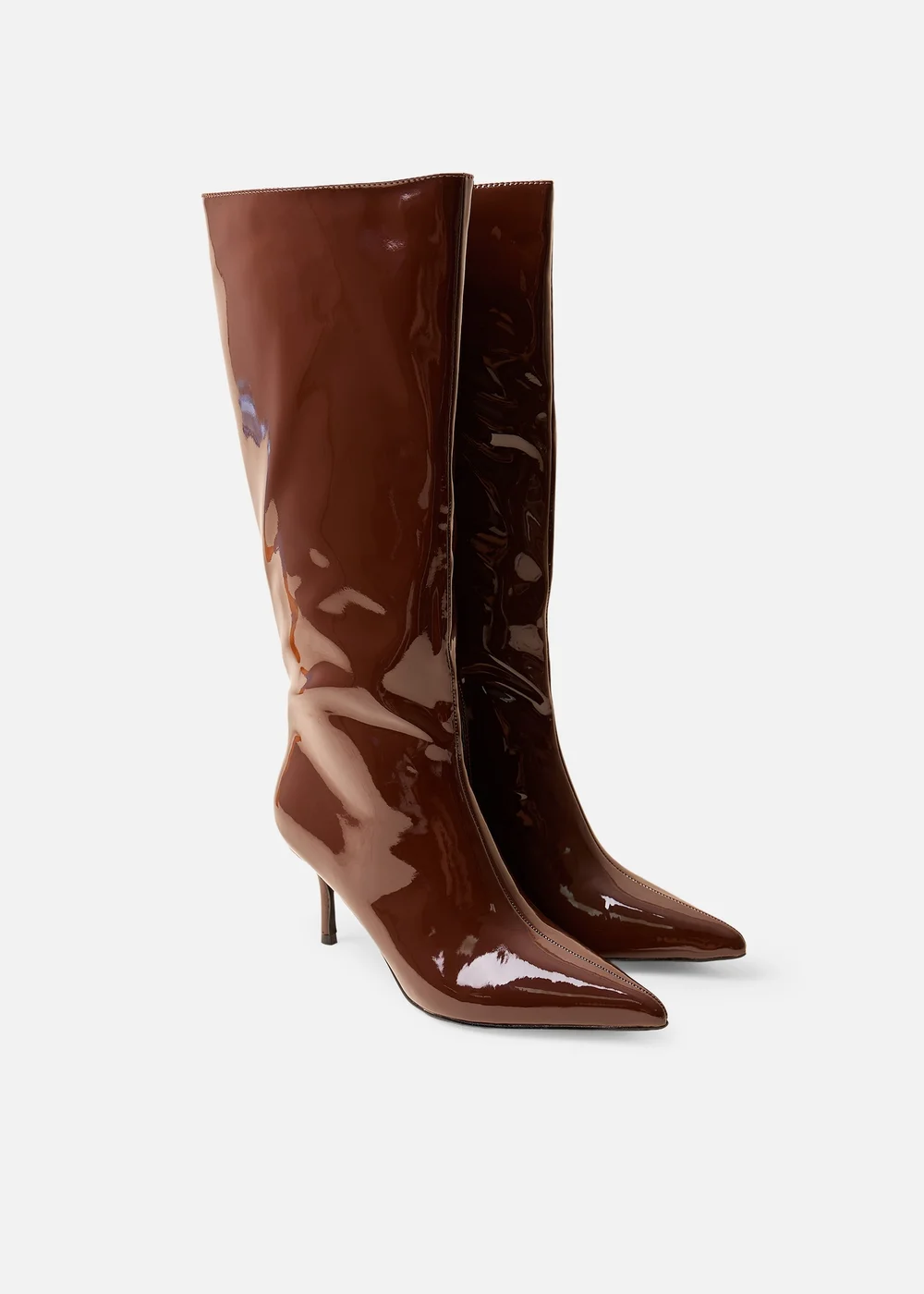 Public Desire Amped Chocolate Patent Pointed Toe Mid Heel Knee High Boots - 7 Image 2