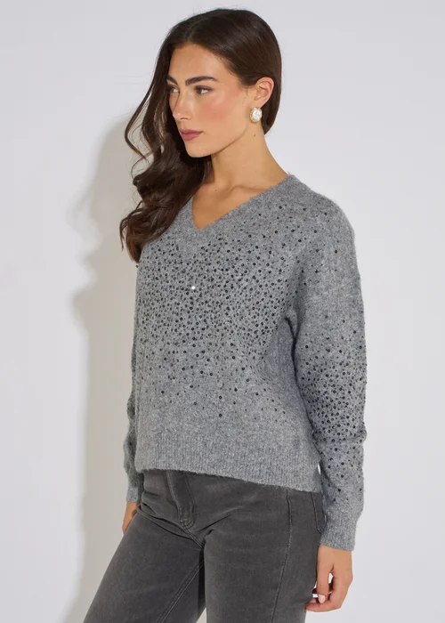 Gini London Grey Marl Recycled Polyester Mix Contrast Diamante Knit Jumper - M/L Image 4