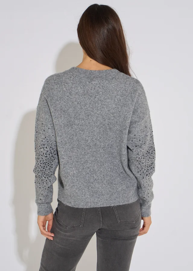 Gini London Grey Marl Recycled Polyester Mix Contrast Diamante Knit Jumper