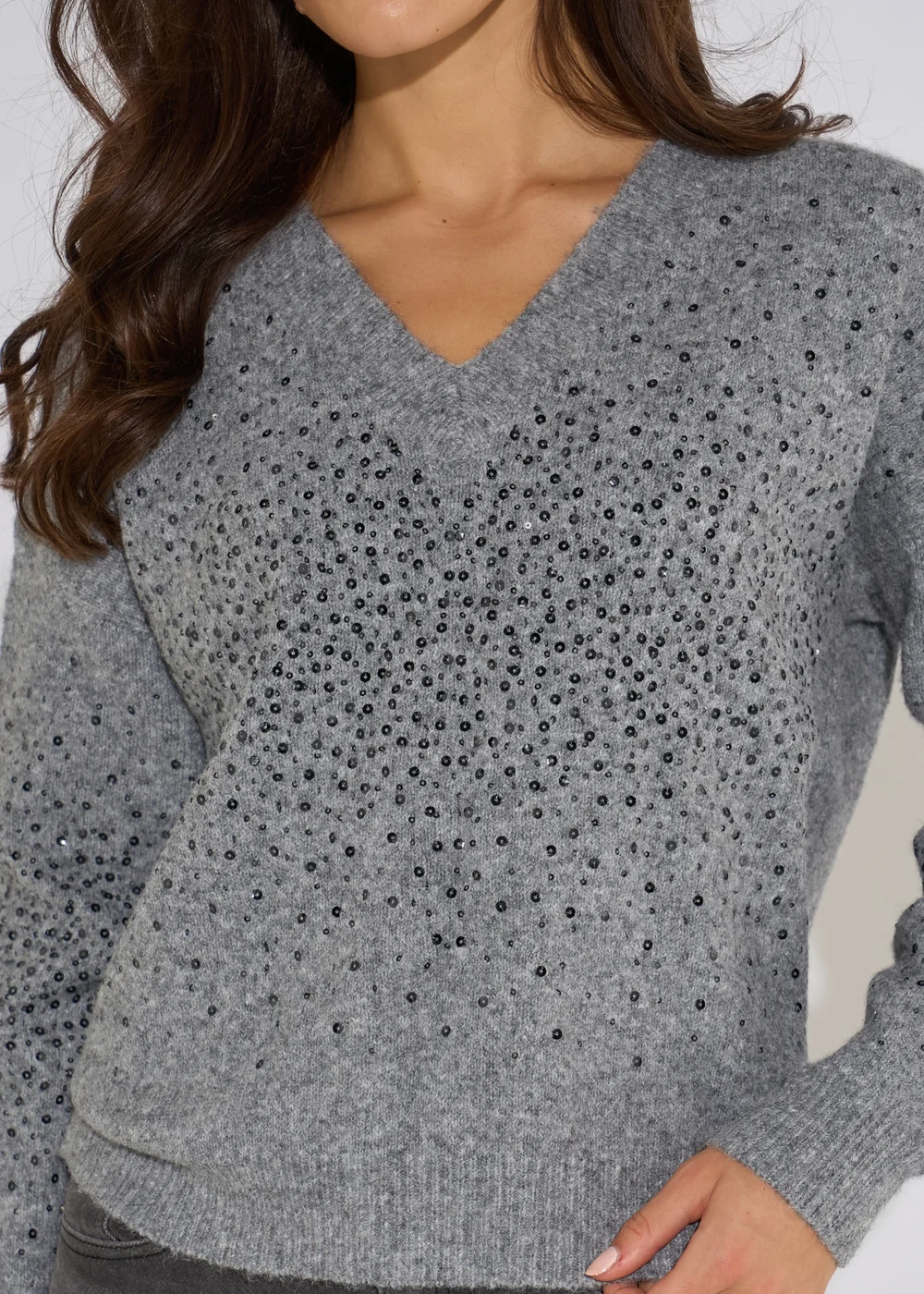Gini London Grey Marl Recycled Polyester Mix Contrast Diamante Knit Jumper - M/L Image 3