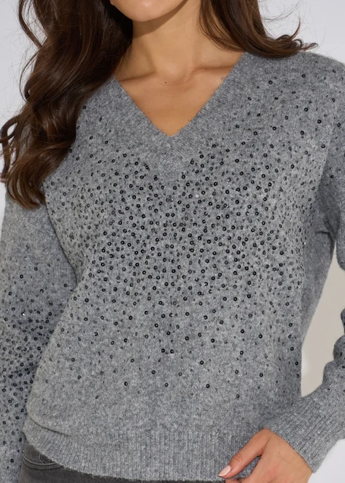 Gini London Grey Marl Recycled Polyester Mix Contrast Diamante Knit Jumper - M/L Image 3