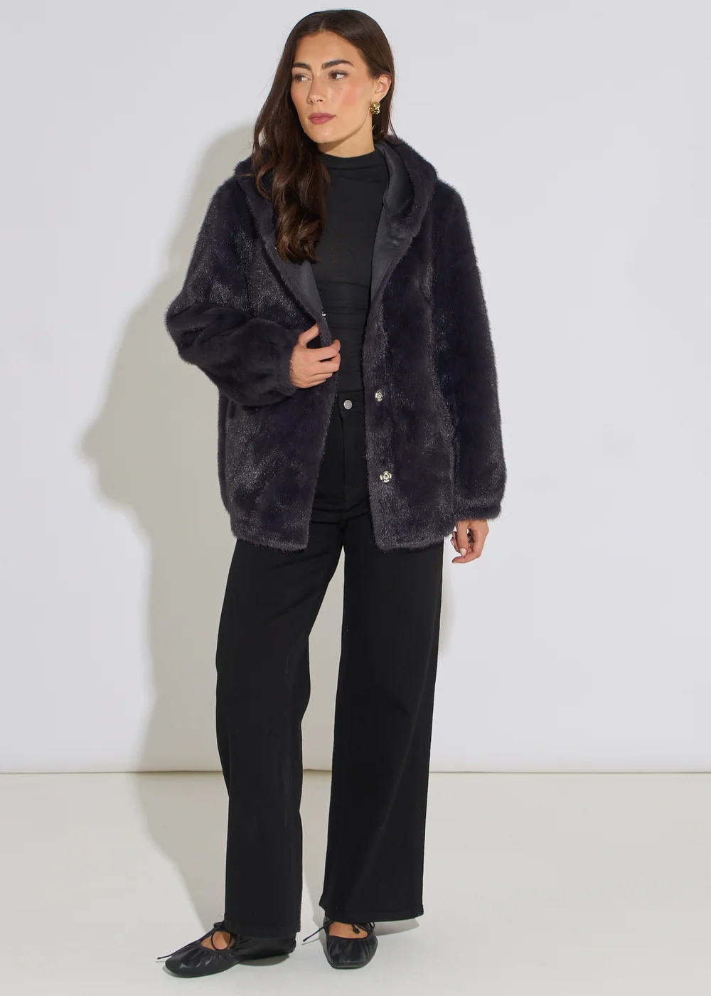 Gini London Charcoal Grey Hooded Faux Fur Mid Length Jacket - M/L Image 1