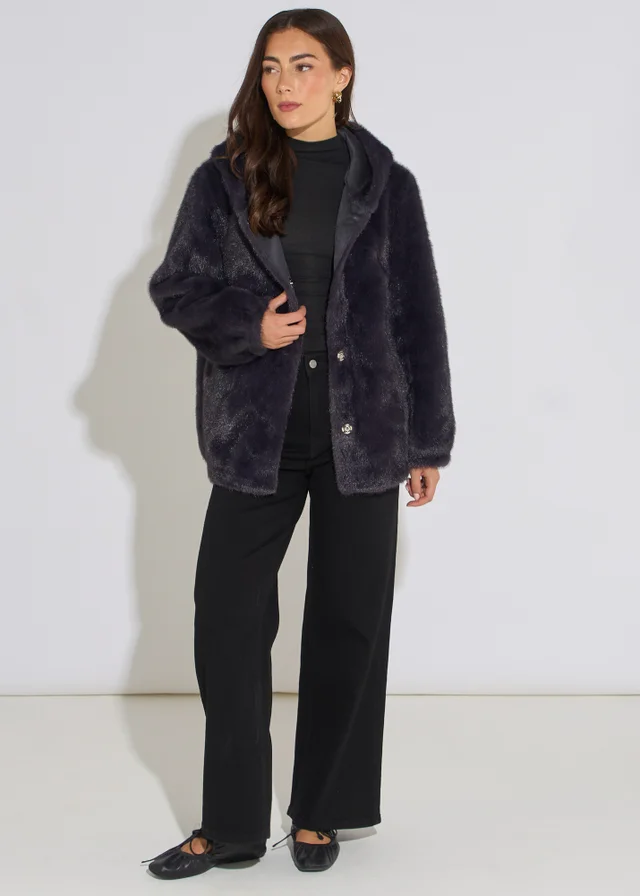 Gini London Charcoal Grey Hooded Faux Fur Mid Length Jacket
