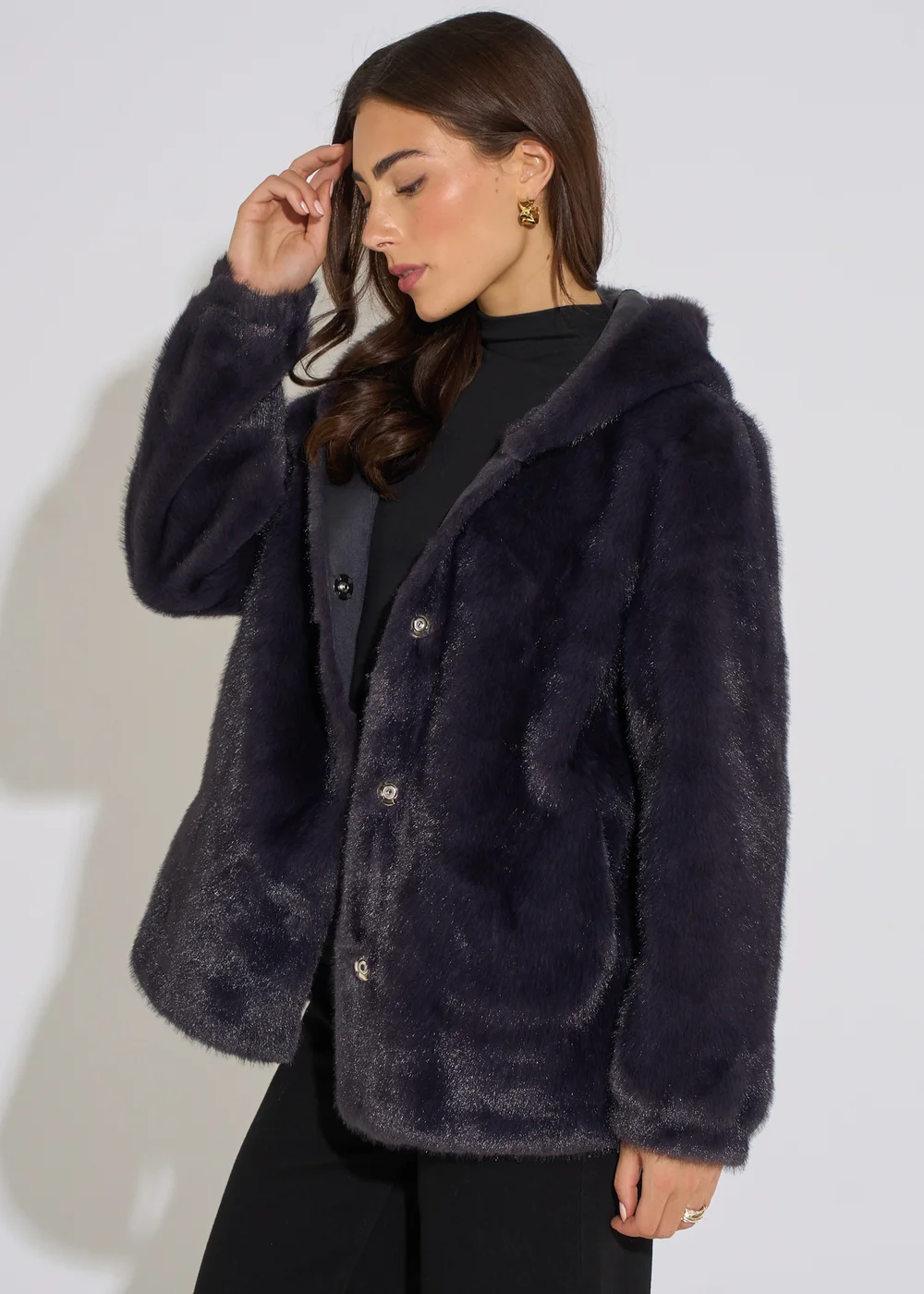 Gini London Charcoal Grey Hooded Faux Fur Mid Length Jacket - M/L Image 4