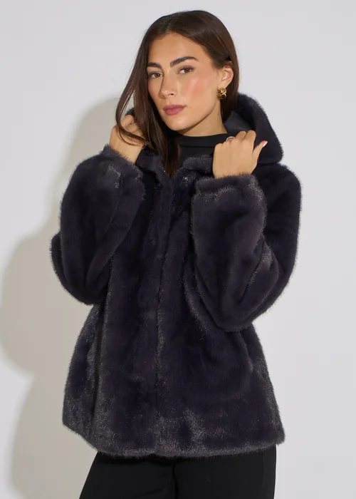 Gini London Charcoal Grey Hooded Faux Fur Mid Length Jacket - M/L Image 3