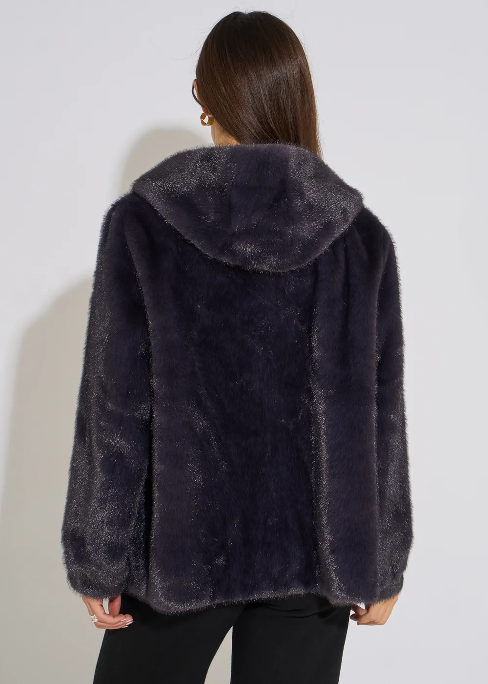 Gini London Charcoal Grey Hooded Faux Fur Mid Length Jacket - M/L Image 2