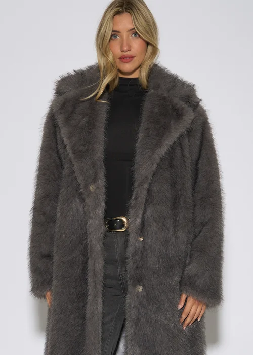 Gini London Grey Blue Belted Faux Fur Longline Jacket - L/XL Image 3