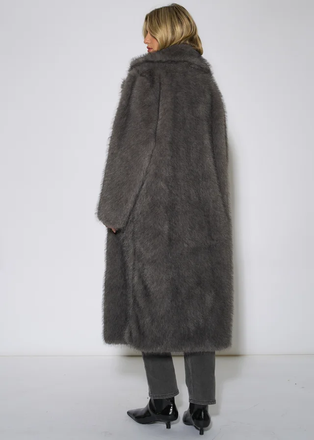 Gini London Grey Blue Belted Faux Fur Longline Jacket