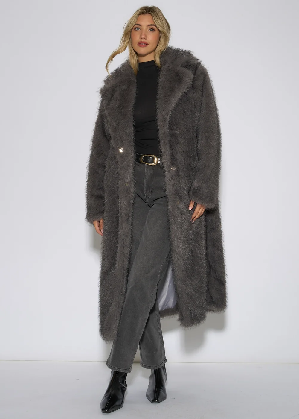 Gini London Grey Blue Belted Faux Fur Longline Jacket - L/XL Image 1