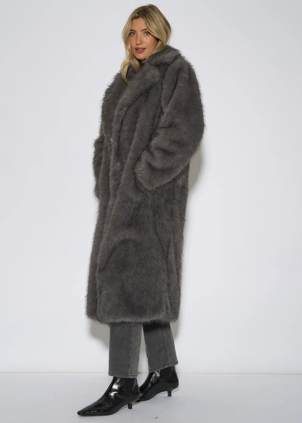 Gini London Grey Blue Belted Faux Fur Longline Jacket - L/XL Image 4