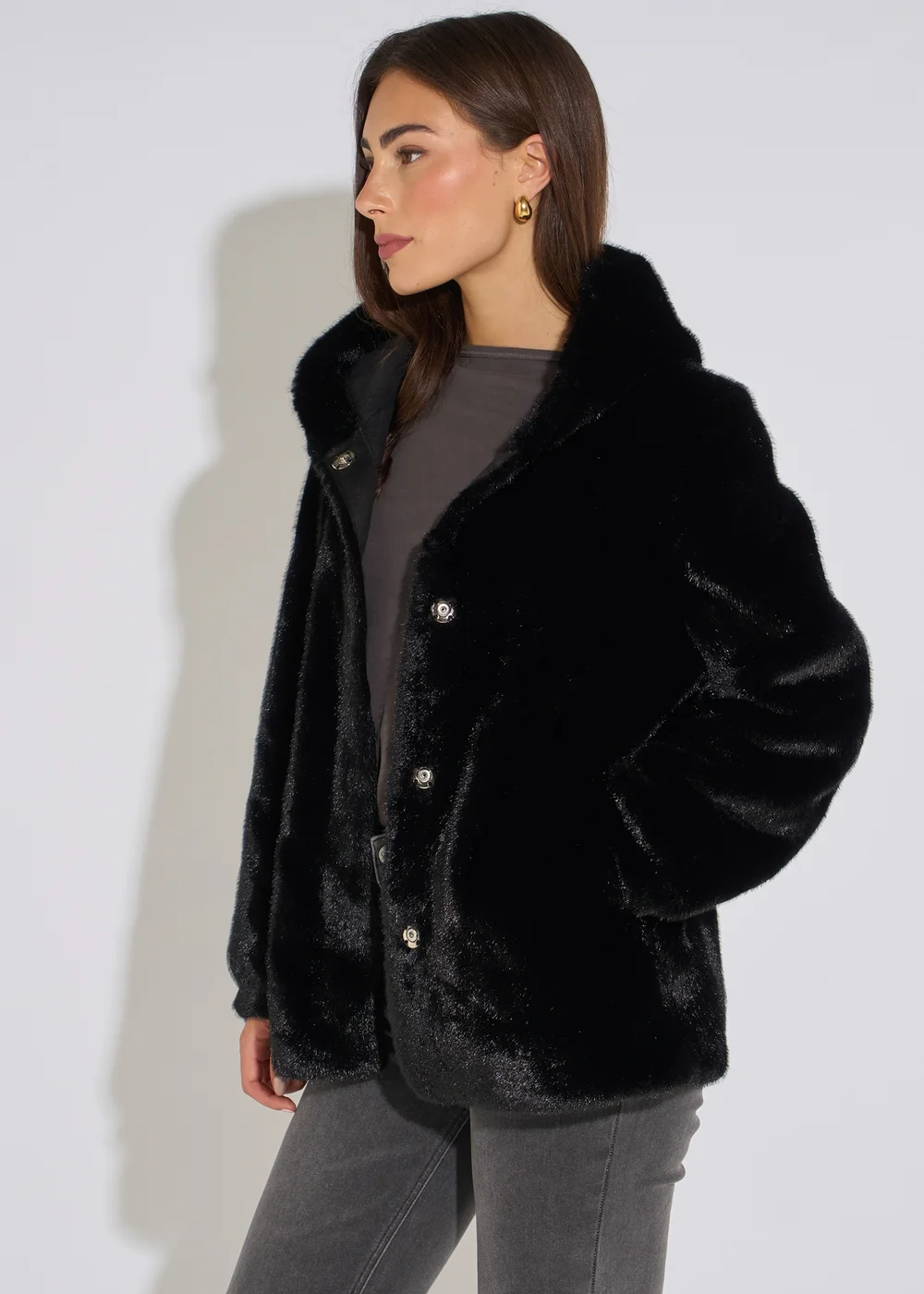 Gini London Black Hooded Faux Fur Mid Length Jacket - M/L Image 4